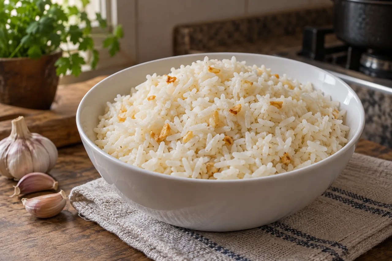 Arroz branco com grãos separados em uma tigela