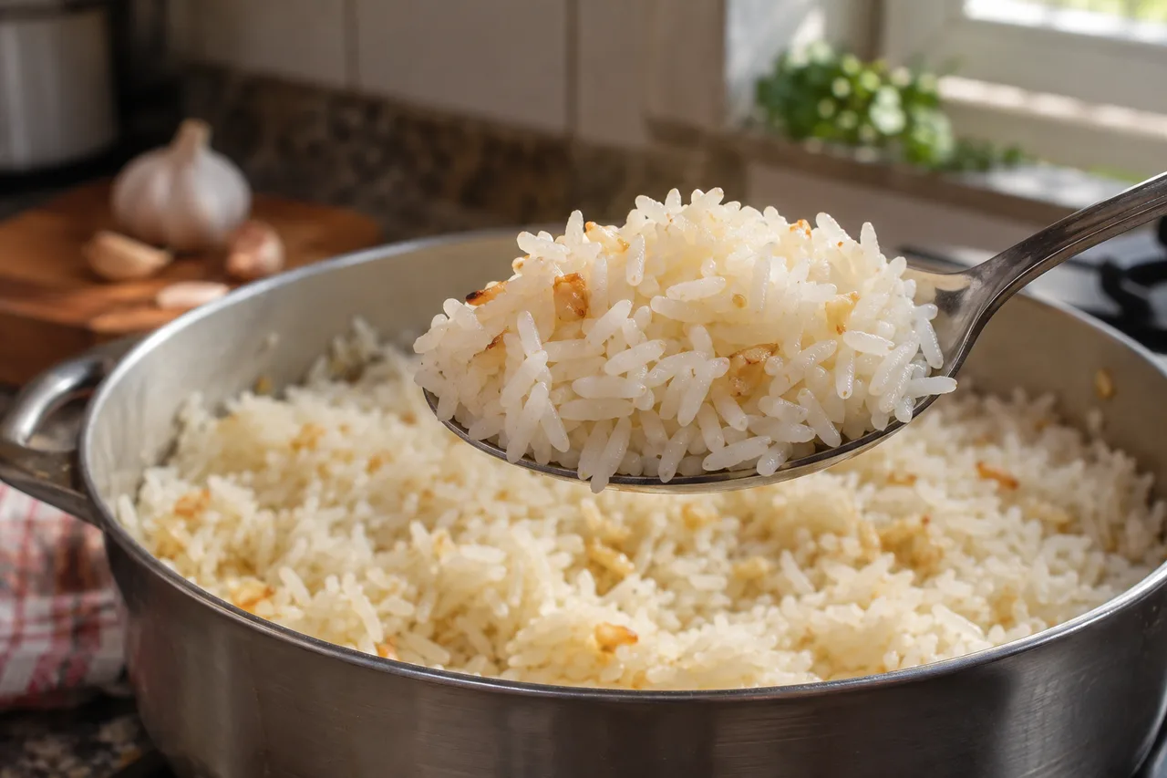 Detalhe de grãos de arroz cozidos e separados em uma colher