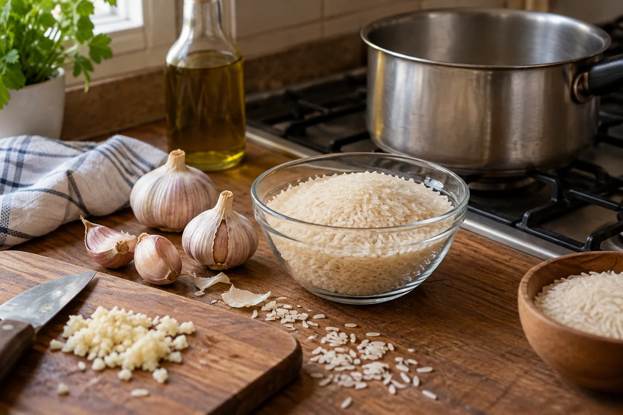 Arroz cru medido ao lado de alho e uma panela