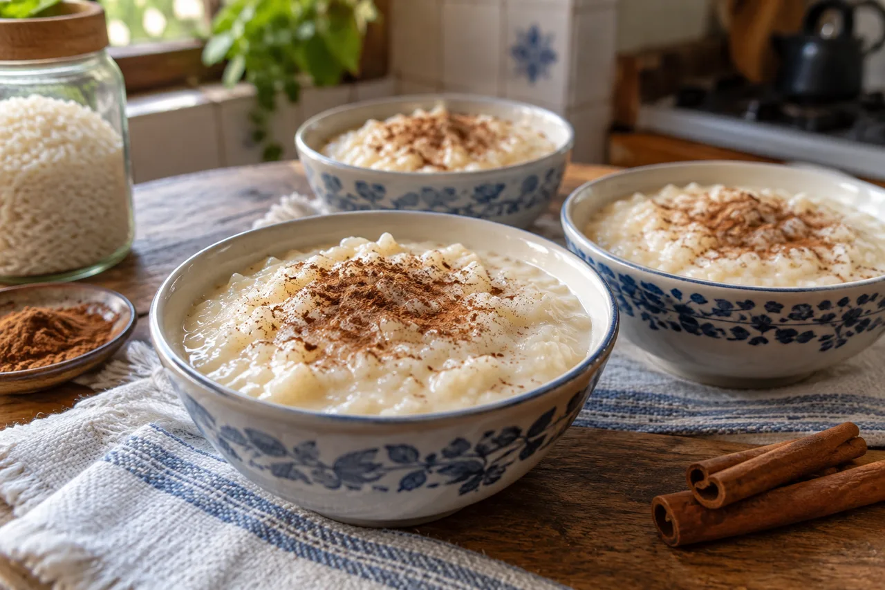 Arroz doce cremoso servido em tigelas com canela