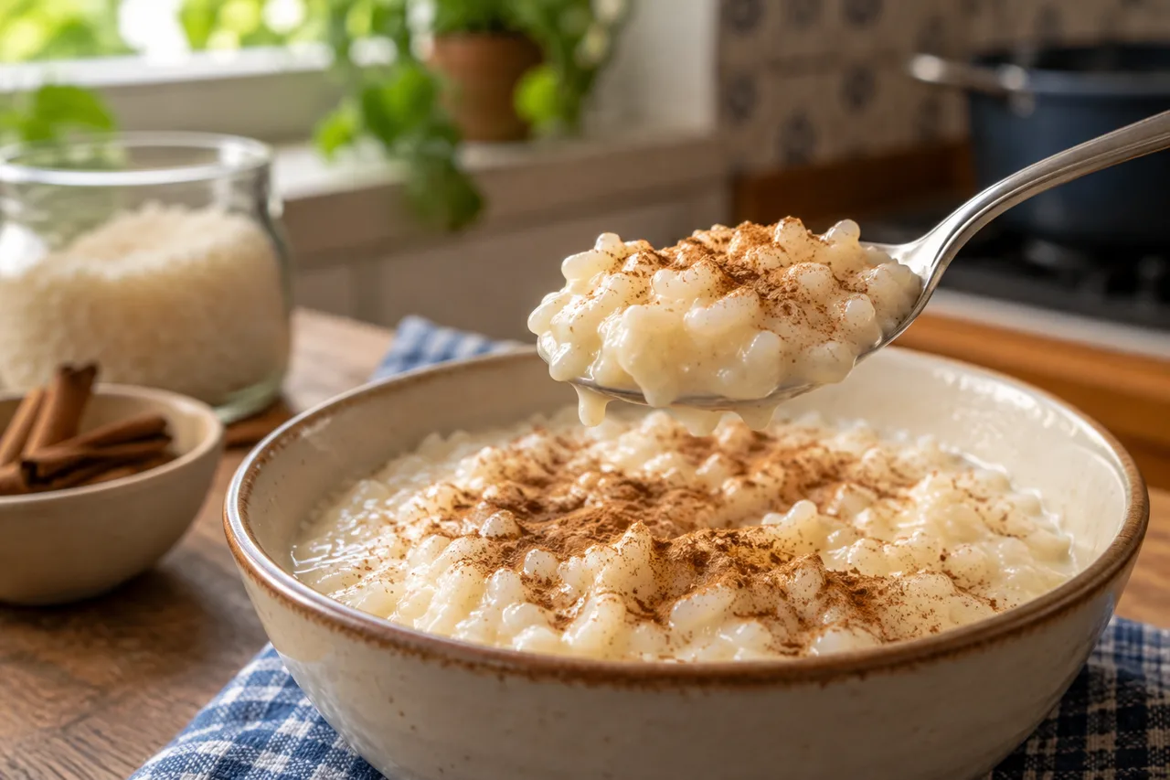 Colher com arroz doce mostrando grãos macios e creme
