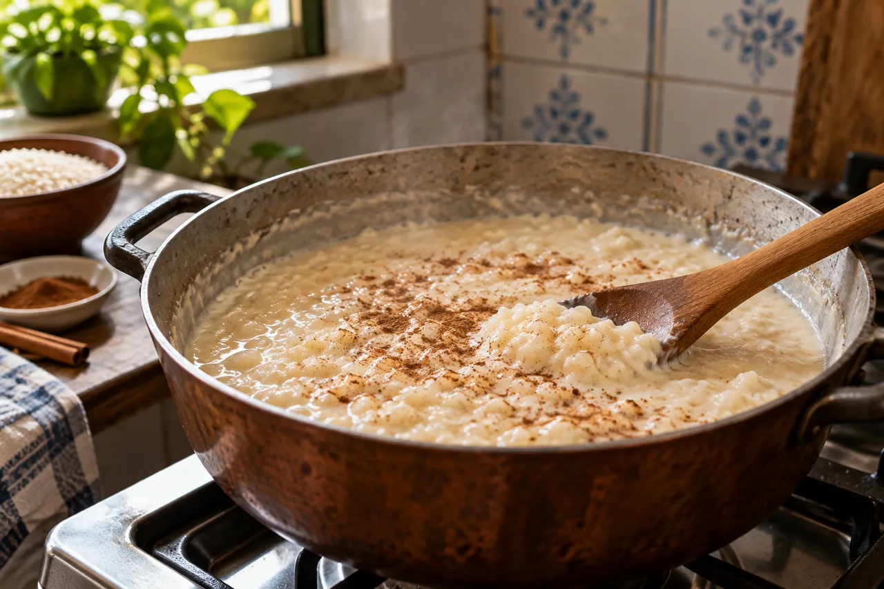 Arroz doce cozinhando suavemente em panela larga