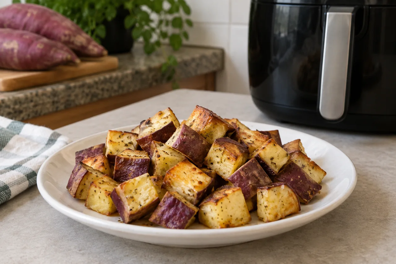 Cubos de batata-doce com casca roxa e bordas douradas