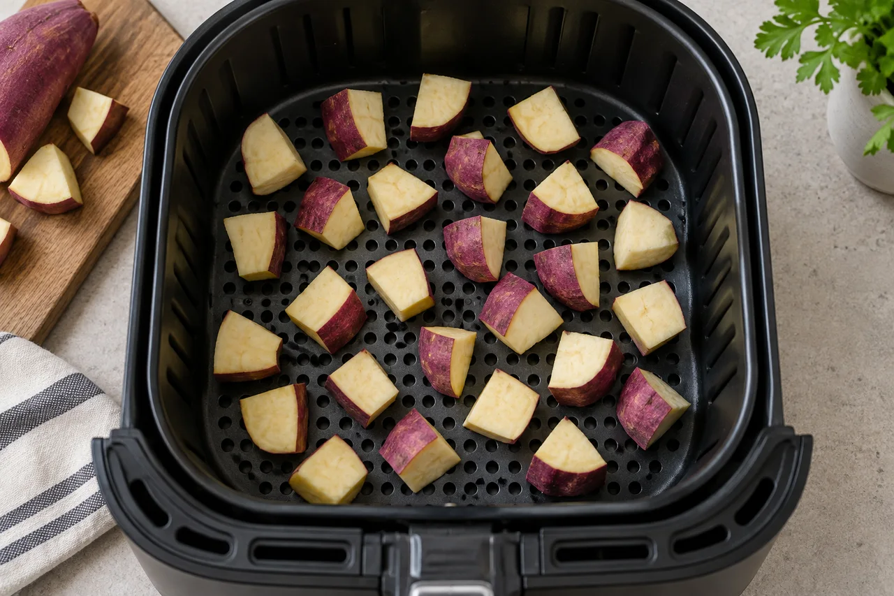 Cubos crus de batata-doce espaçados no cesto da air fryer
