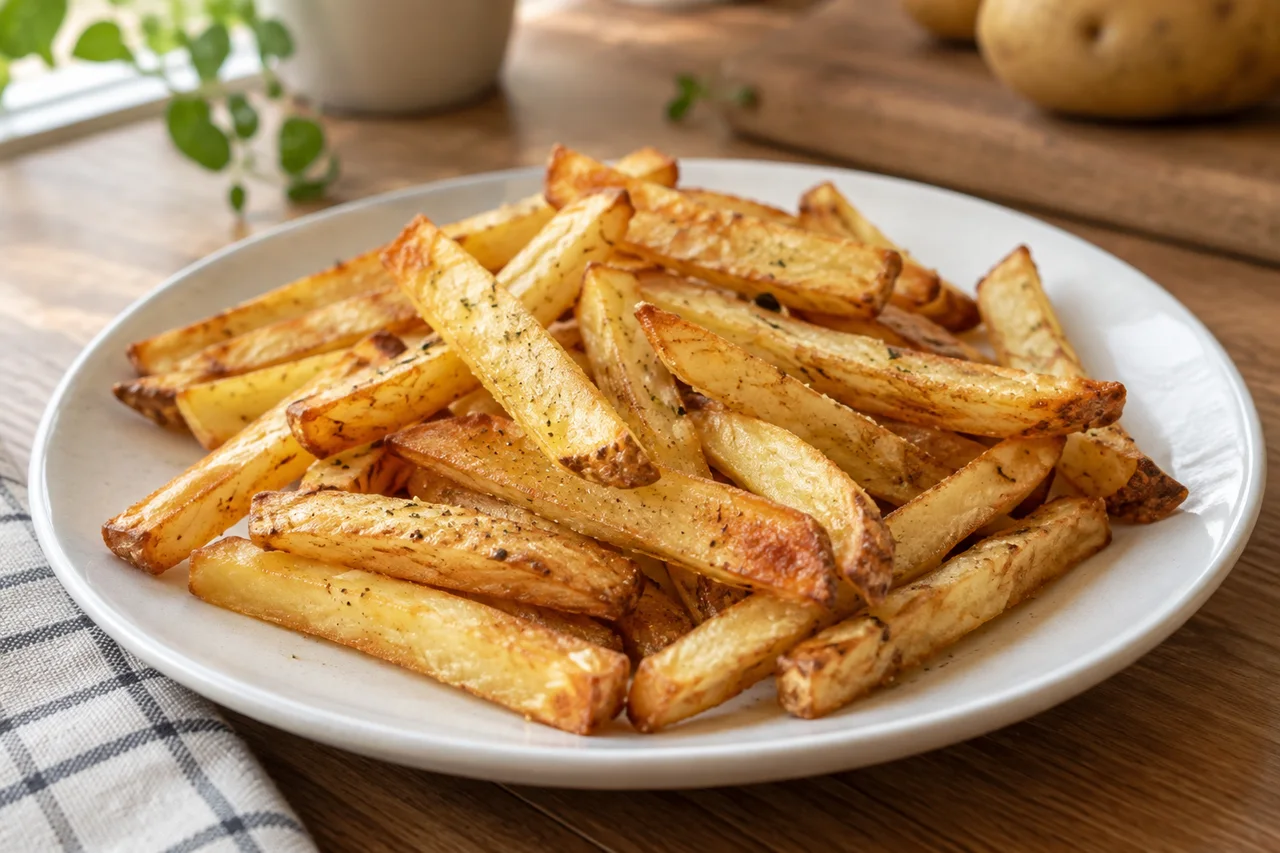 Batatas em palitos douradas, servidas em prato branco