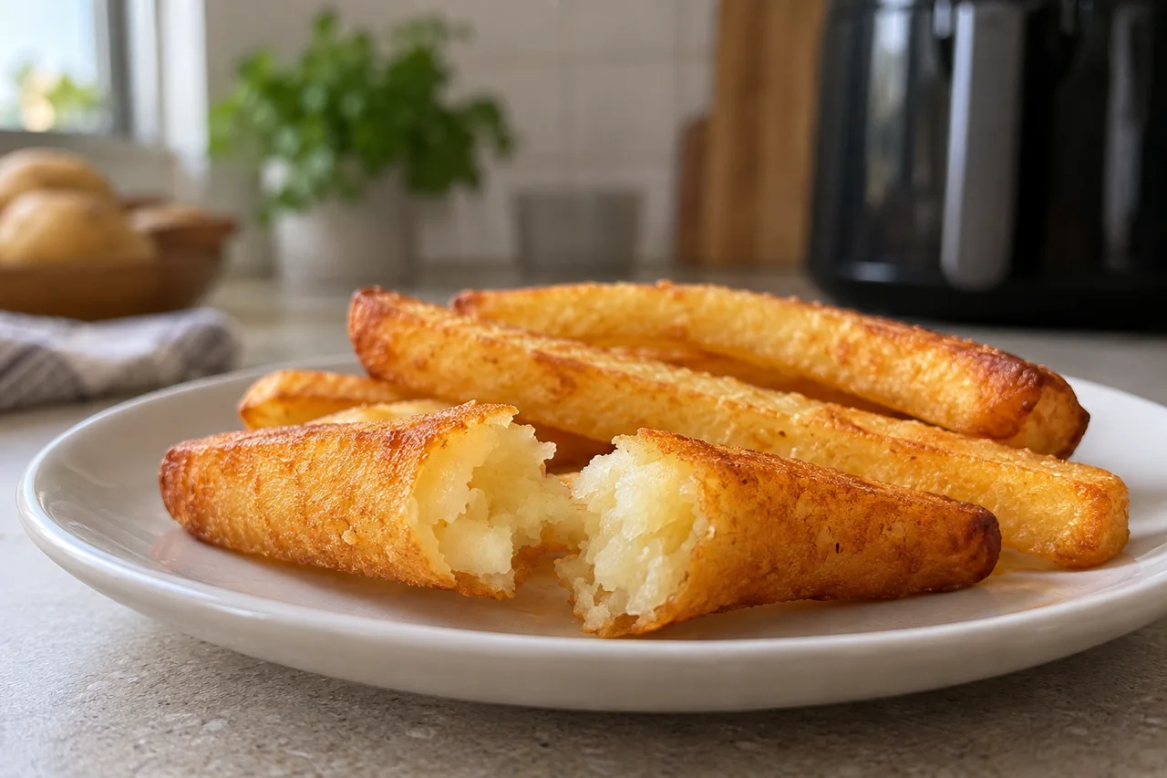 Palito de batata partido, mostrando o interior claro e macio