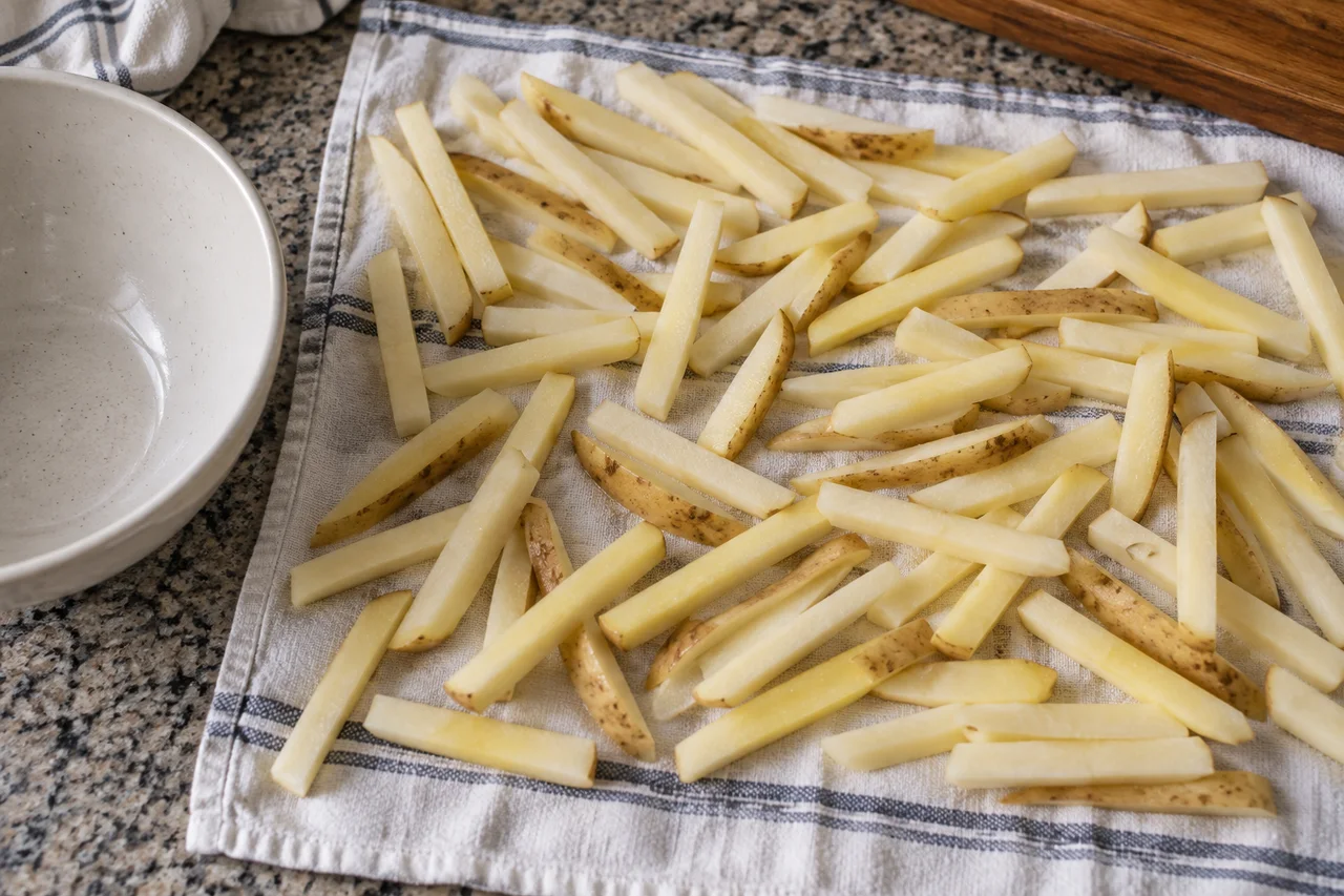 Palitos de batata crua distribuídos sobre pano para secagem