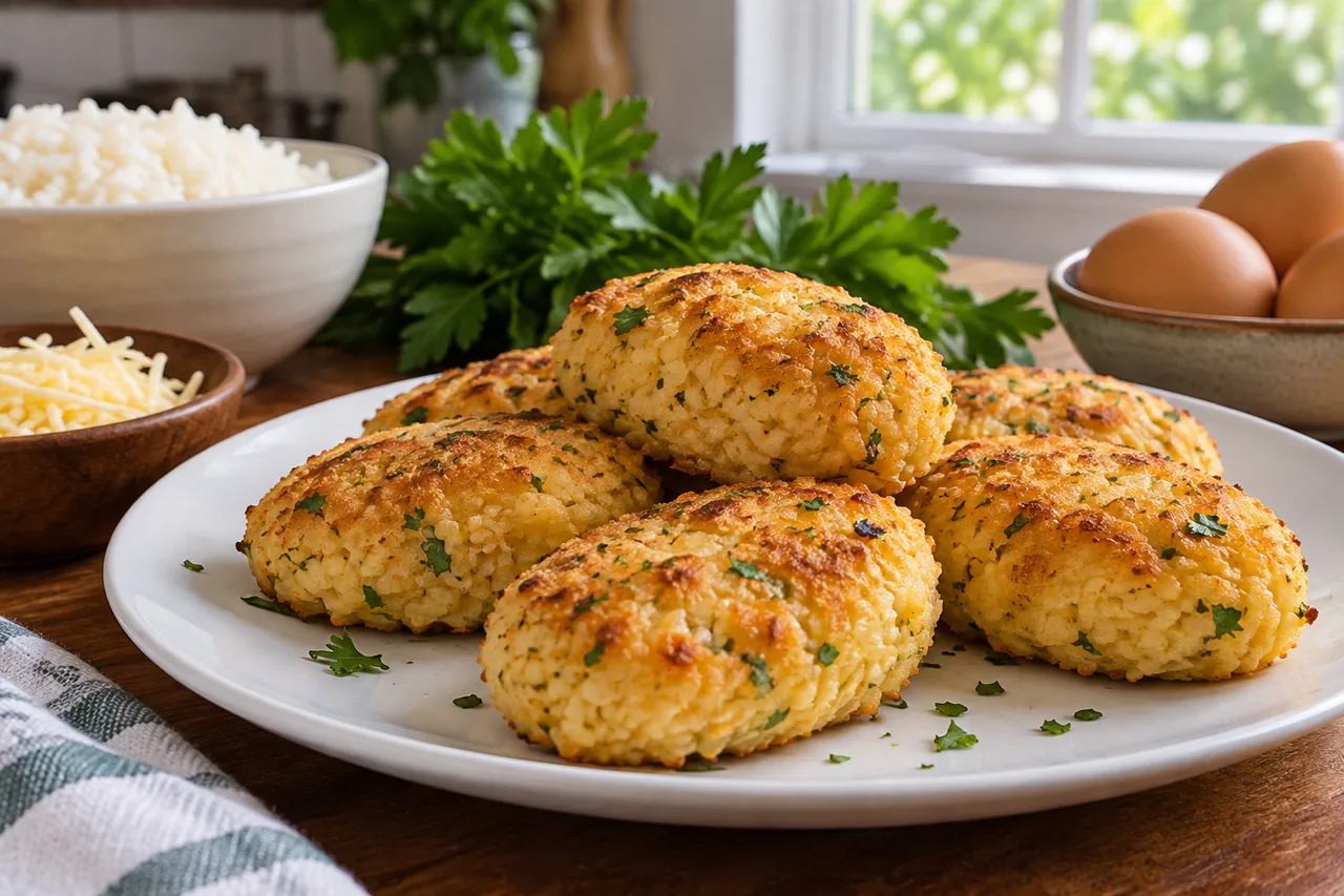 Bolinhos de arroz assados e dourados em um prato