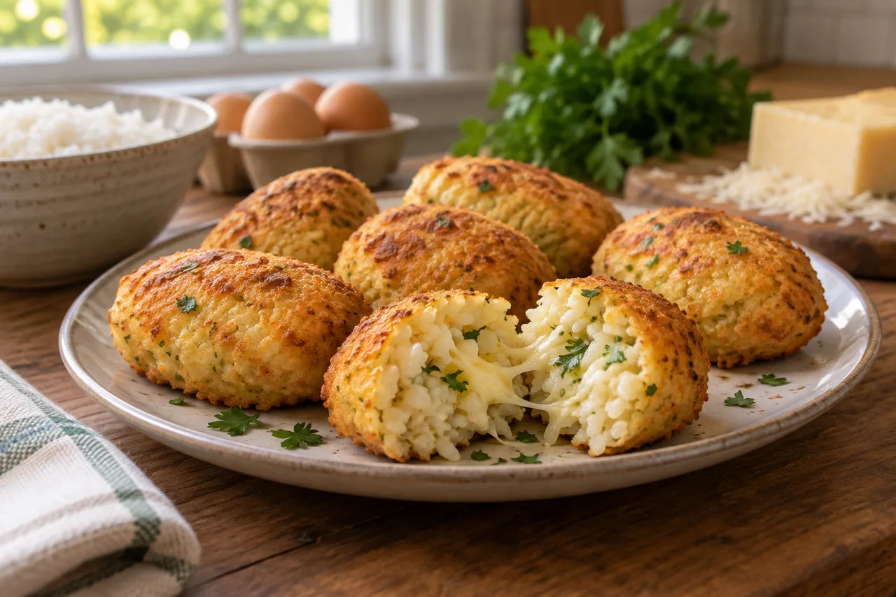 Bolinho aberto mostrando arroz, queijo e salsinha