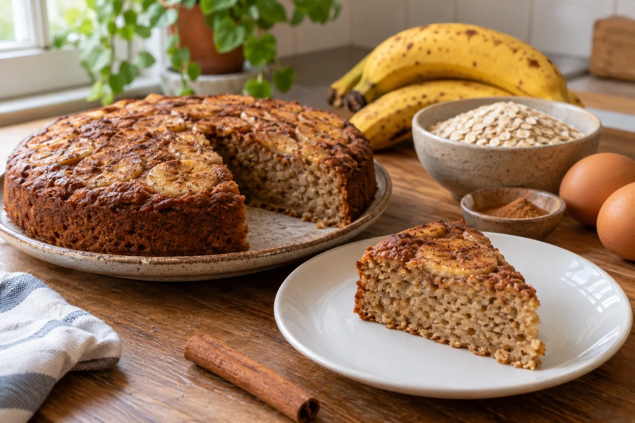 Bolo de banana com aveia servido com uma fatia