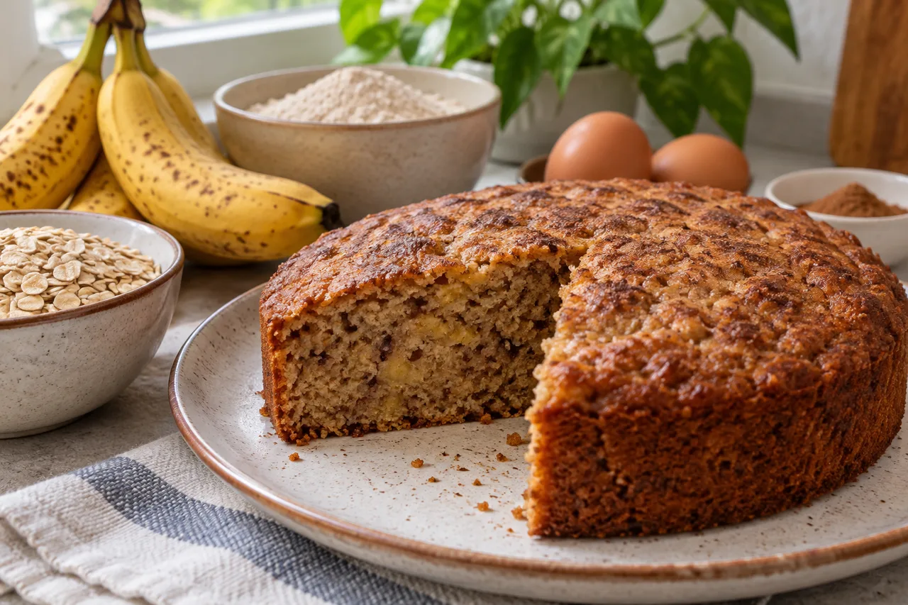 Fatia de bolo mostrando banana e aveia no miolo