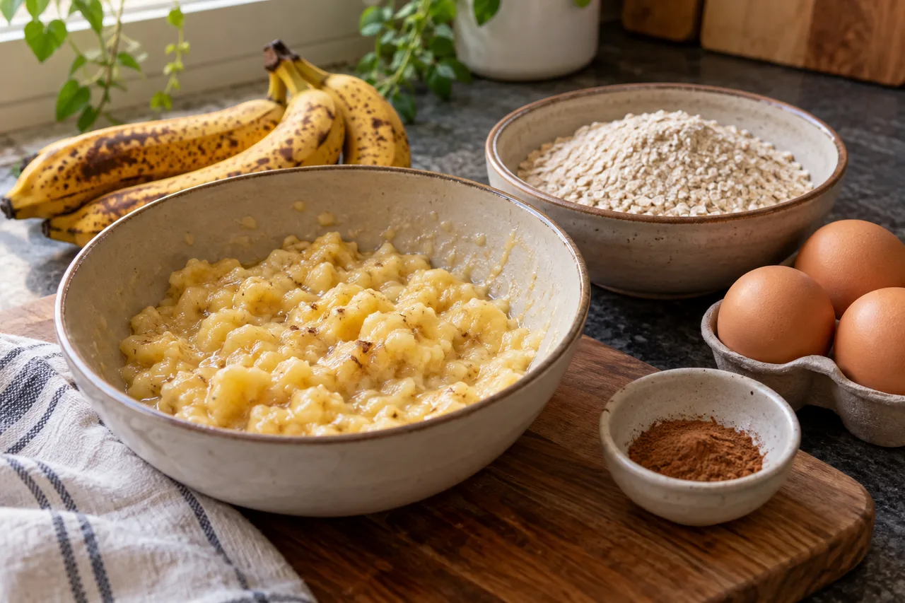 Bananas amassadas ao lado de aveia e ovos