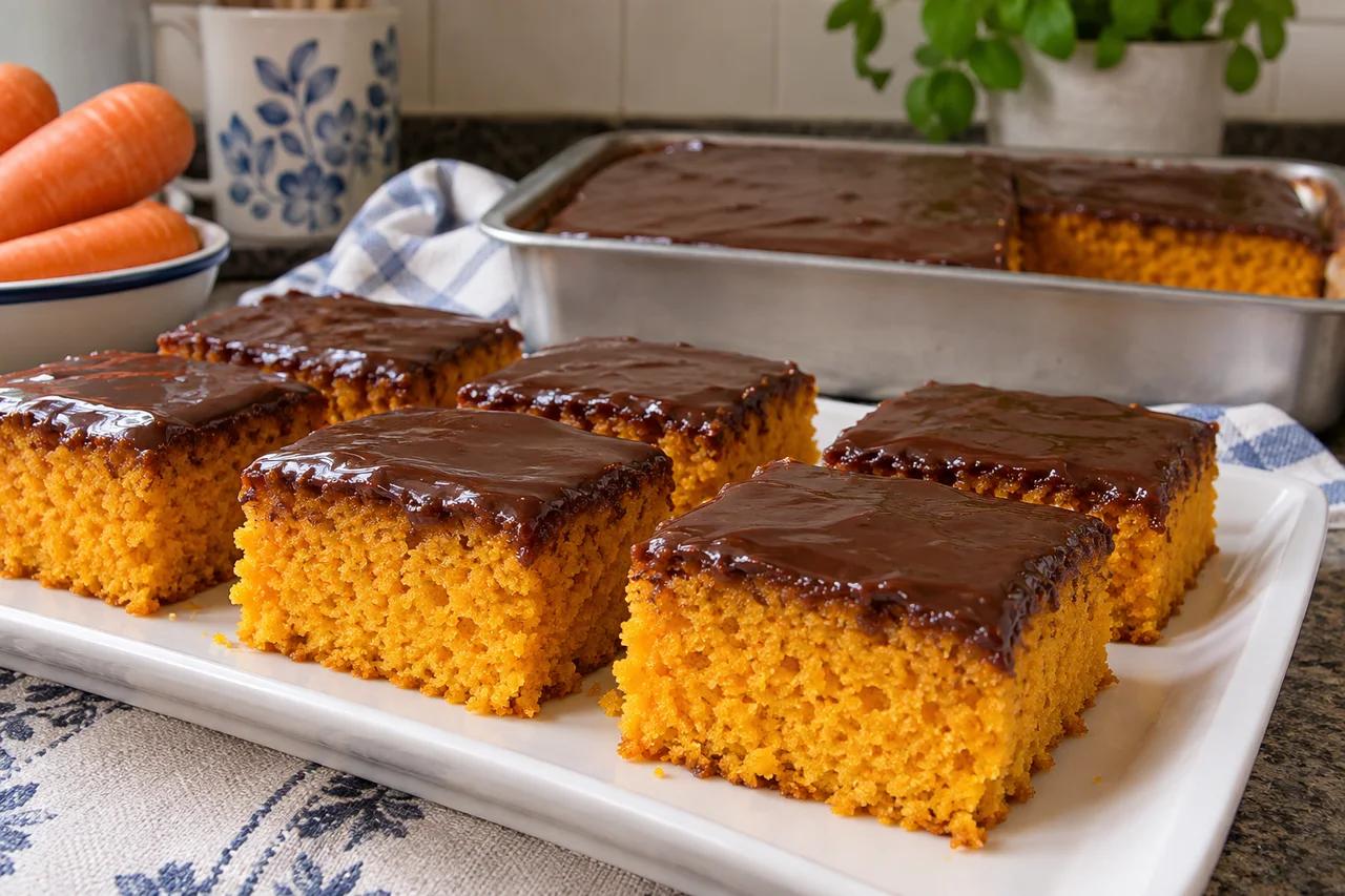 Pedaços de bolo de cenoura com cobertura fina de chocolate