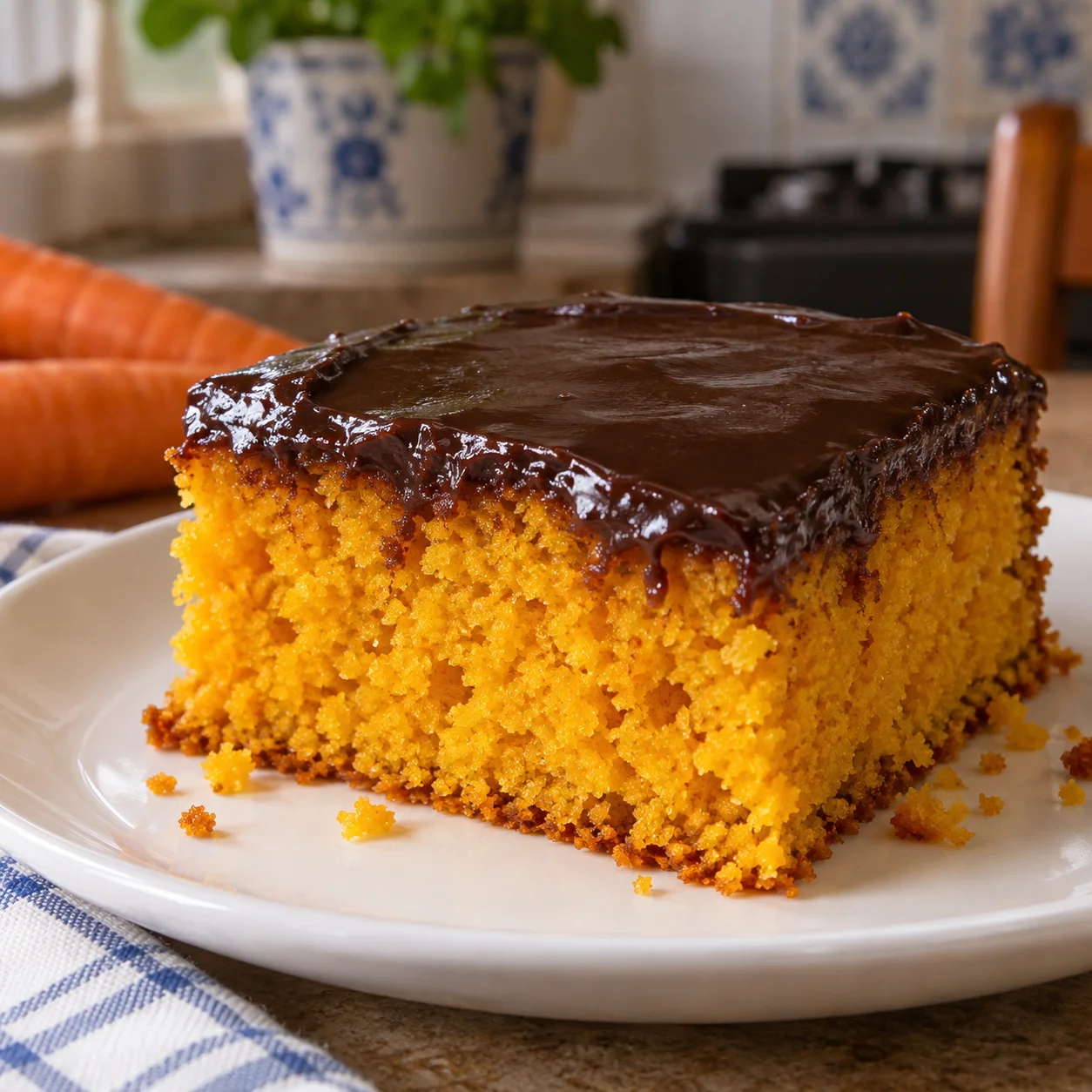 Detalhe de uma fatia com miolo alaranjado e cobertura de chocolate