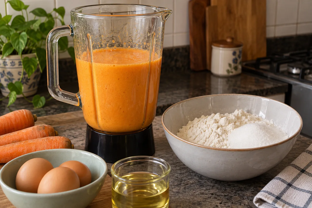 Creme alaranjado no liquidificador ao lado de ingredientes secos
