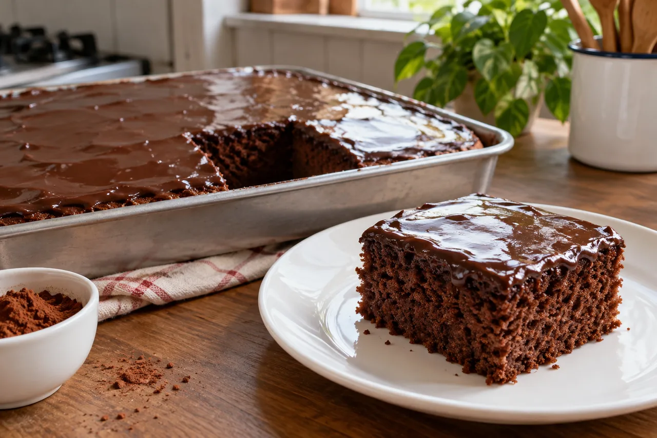 Bolo de chocolate retangular com cobertura e uma fatia servida