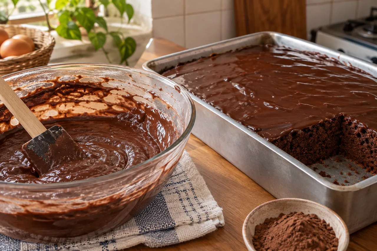Massa de chocolate em uma tigela ao lado da assadeira