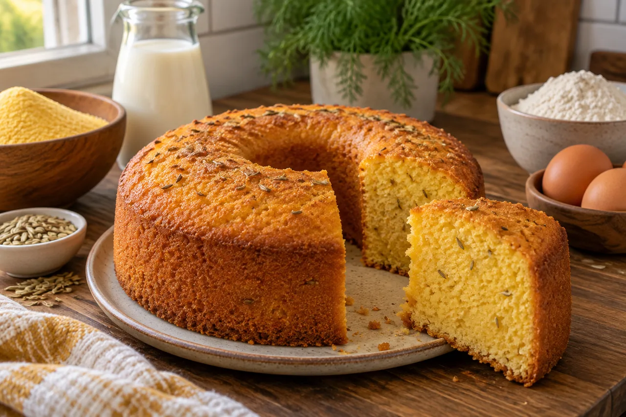 Bolo de fubá dourado com uma fatia ao lado
