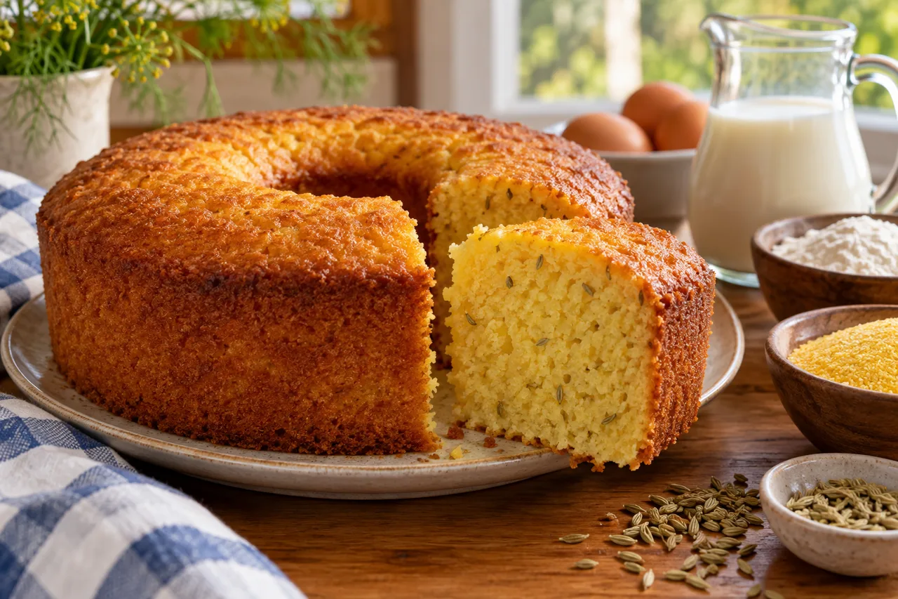 Fatia de bolo de fubá com miolo fino e macio