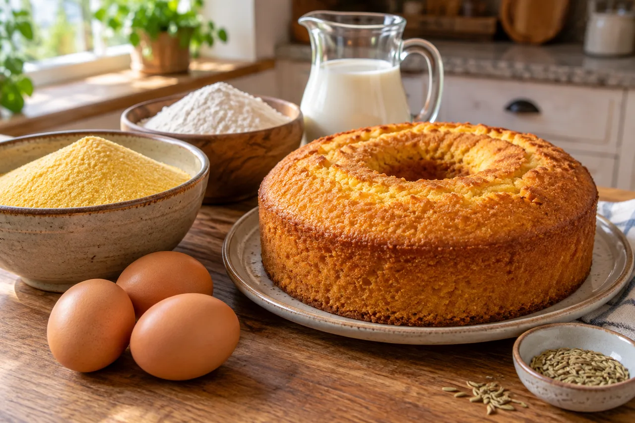 Fubá fino e farinha de trigo separados com os demais ingredientes