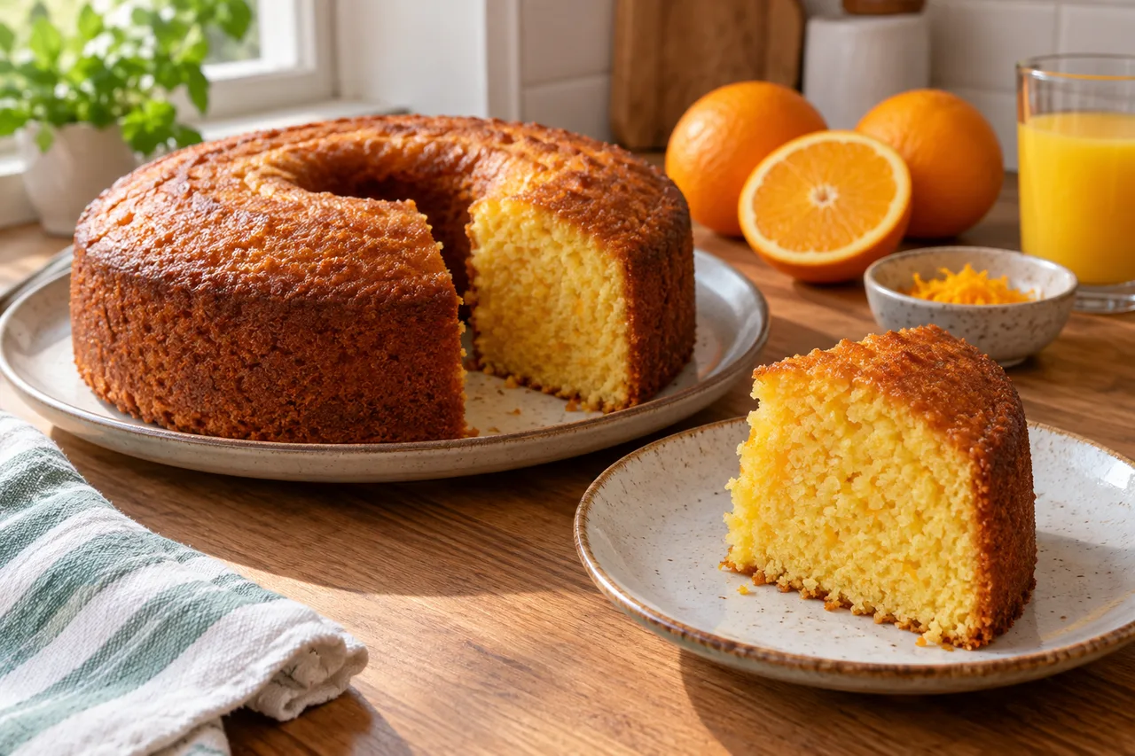 Bolo de laranja dourado com uma fatia servida