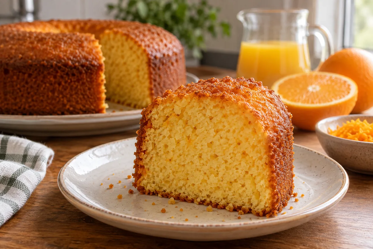 Fatia de bolo de laranja com miolo claro e macio