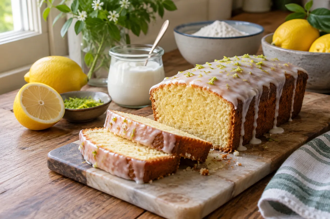 Bolo de limão com cobertura branca fina e fatias