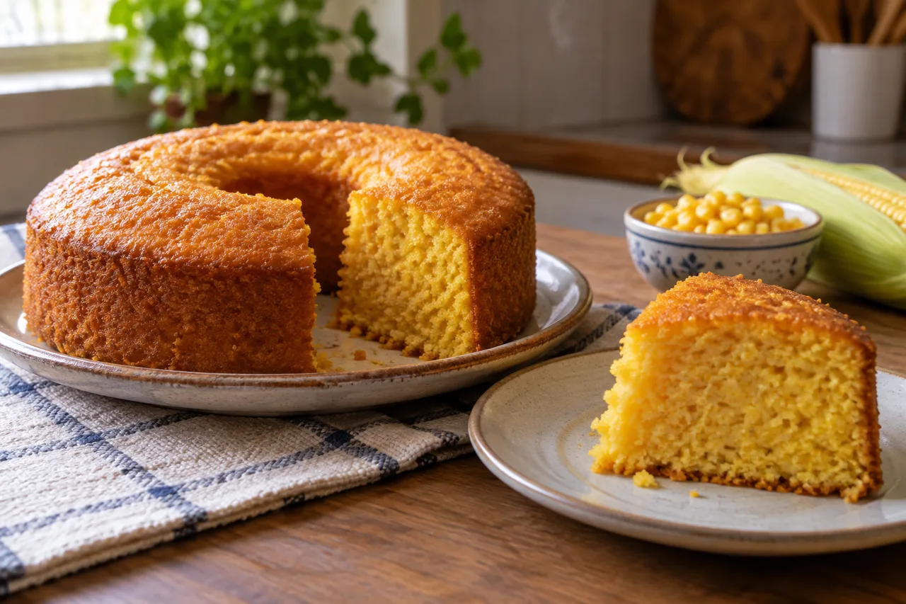 Bolo de milho dourado em formato de anel com uma fatia servida