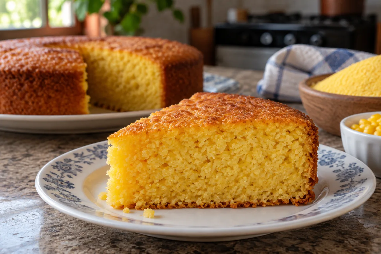 Fatia de bolo de milho mostrando o miolo amarelo e macio