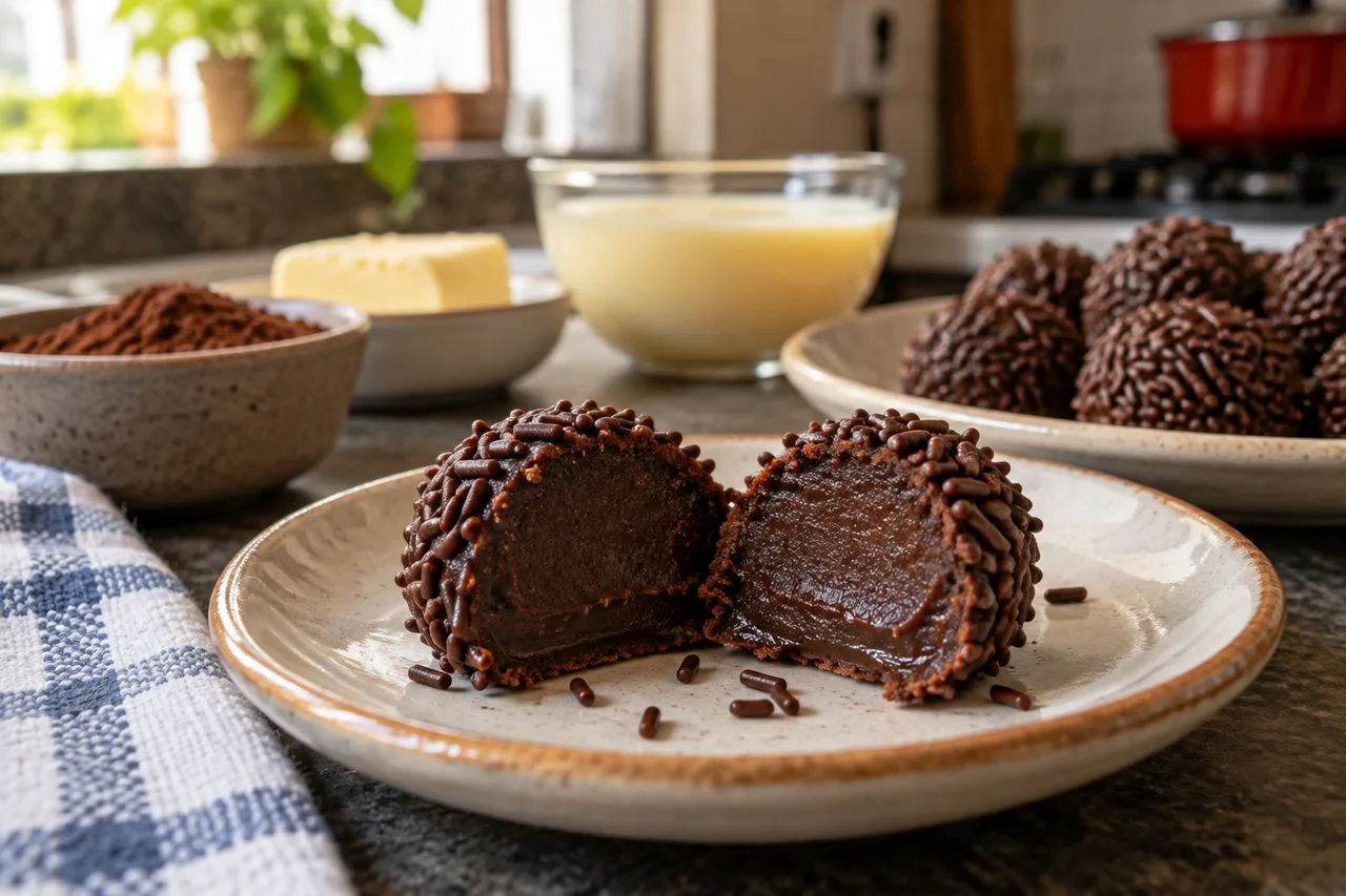 Brigadeiro cortado mostrando o interior liso e macio