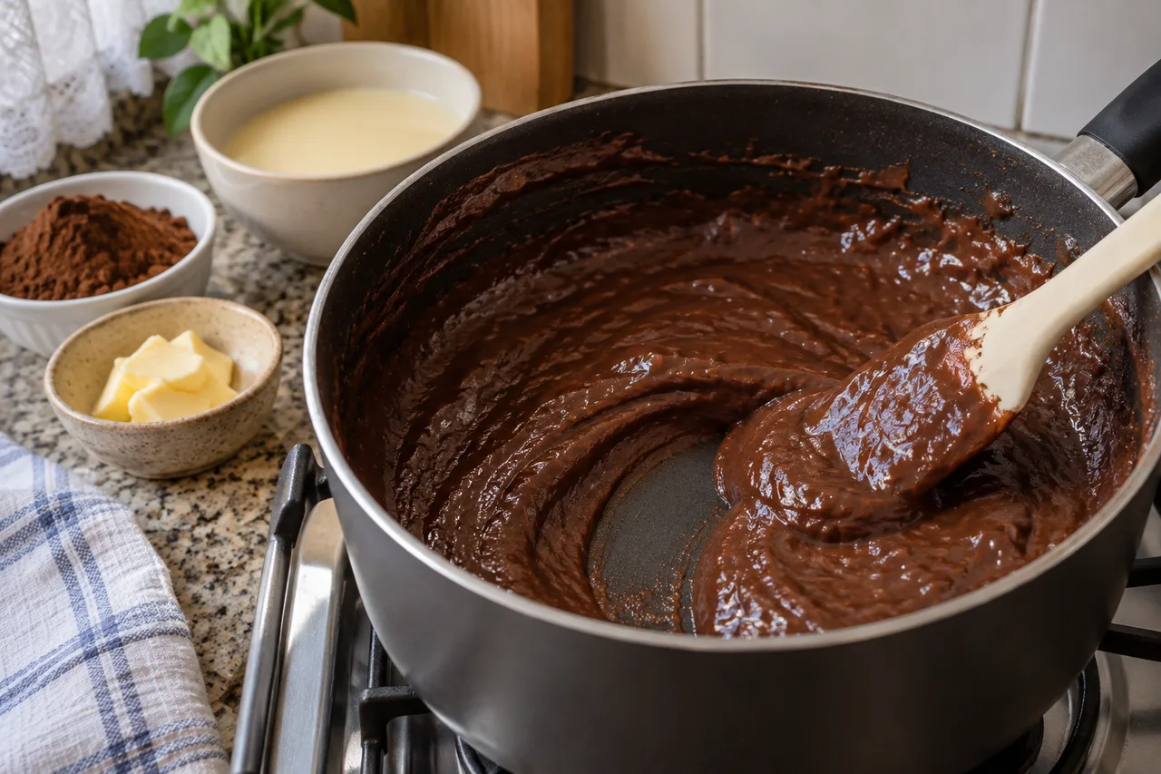 Massa de brigadeiro na panela com o caminho aberto pela espátula