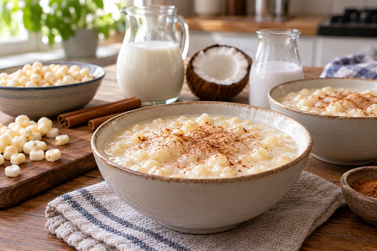 Canjica cremosa com leite de coco servida em tigelas