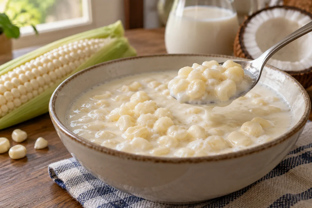 Colher com grãos de canjica macios em creme de coco