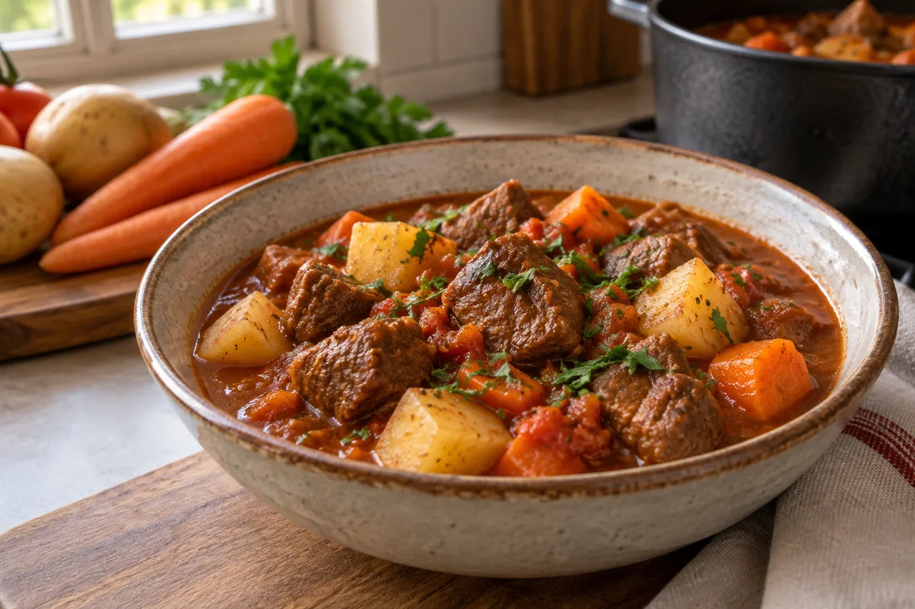 Carne de panela com batata e cenoura em molho