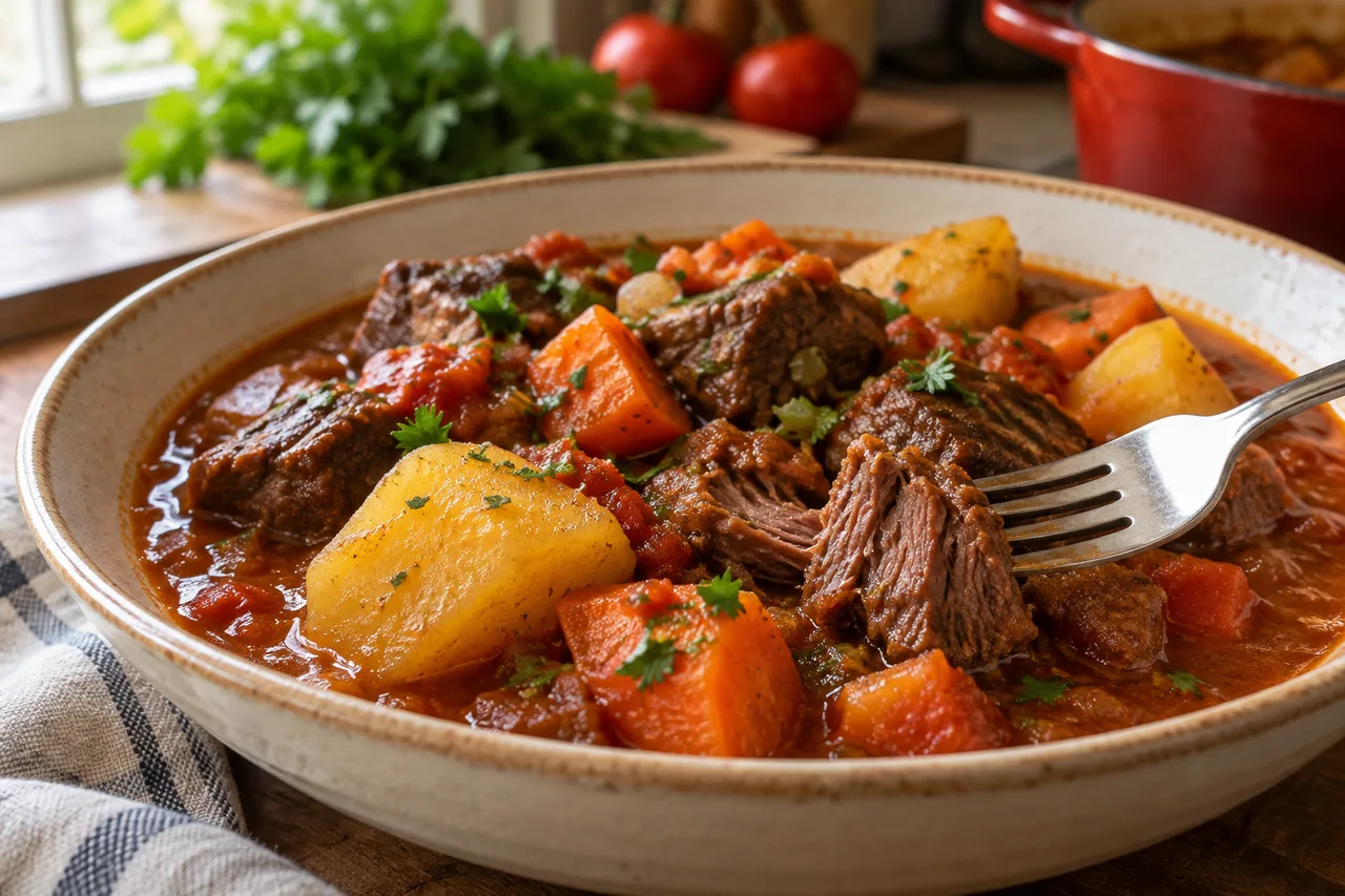 Carne macia ao lado de um pedaço inteiro de batata