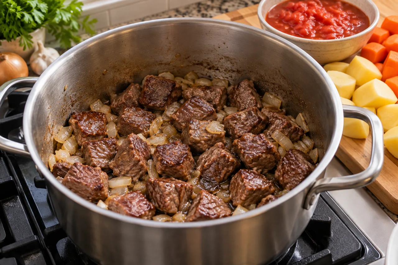Cubos de carne dourados com cebola em panela aberta
