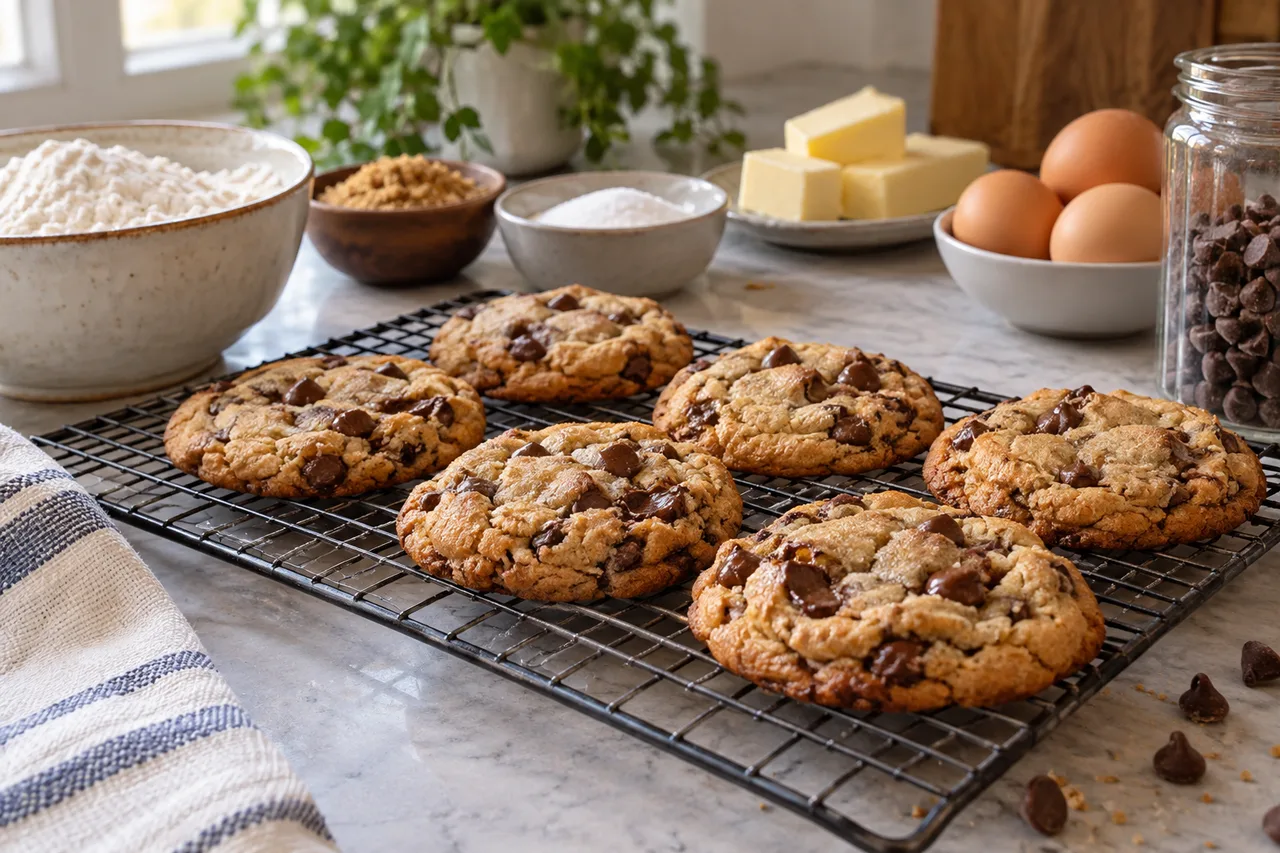 Cookies com chocolate sobre uma grade de resfriamento
