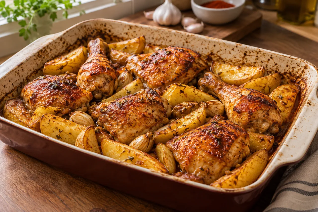 Coxas e sobrecoxas douradas com batatas em uma assadeira