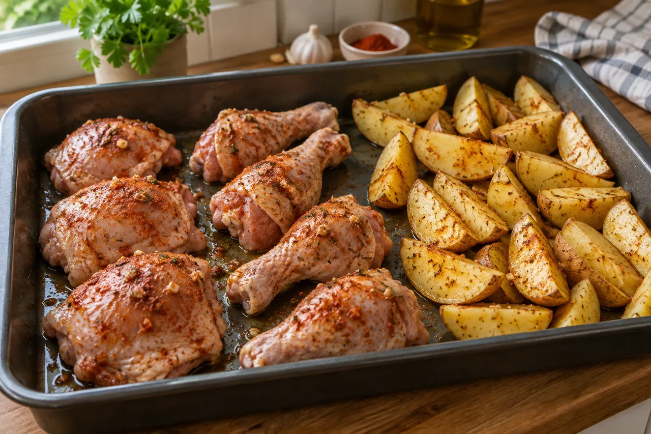 Frango temperado e batatas cortadas distribuídos na assadeira antes de assar