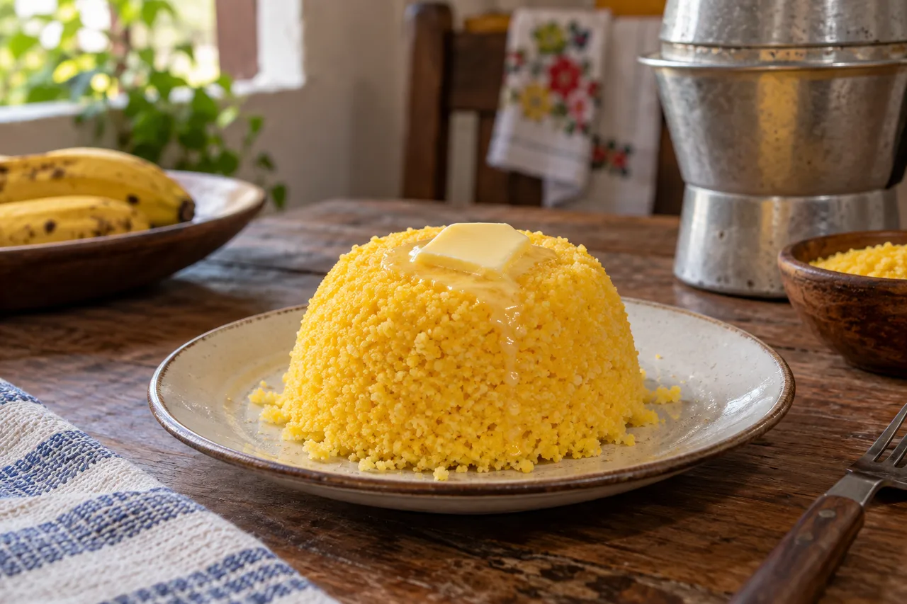 Cuscuz de milho amarelo servido com um pouco de manteiga