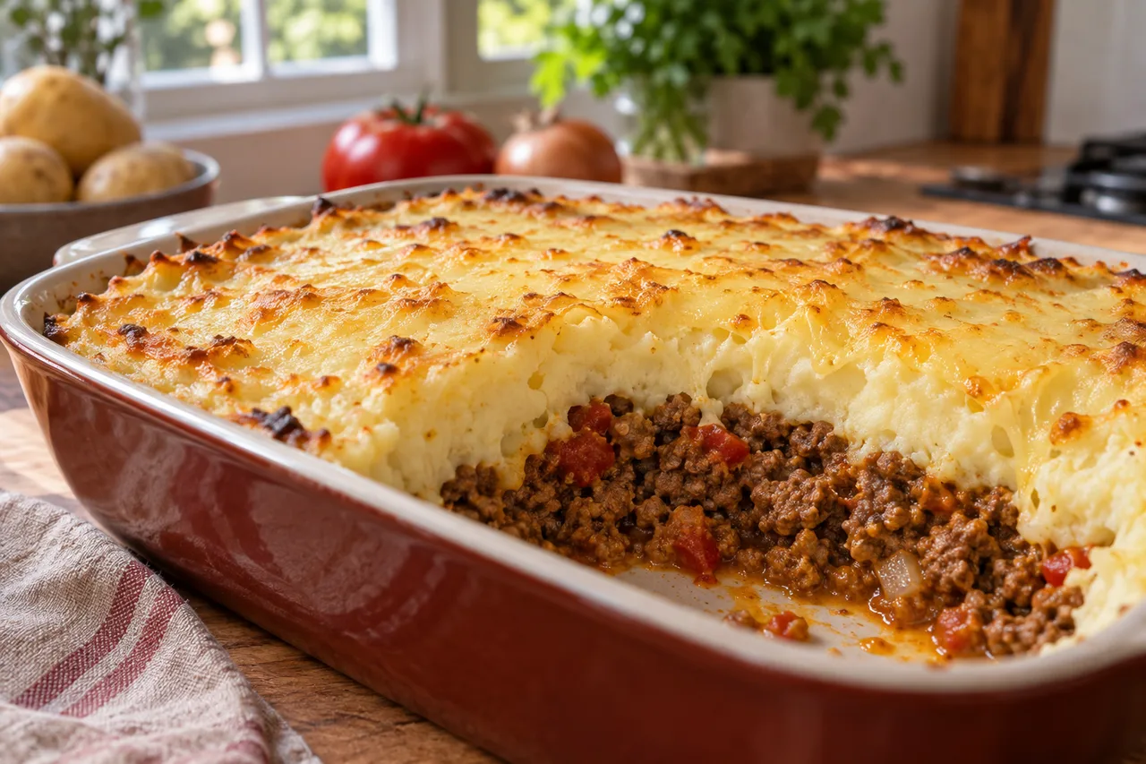 Porção mostrando purê de batata sobre carne moída