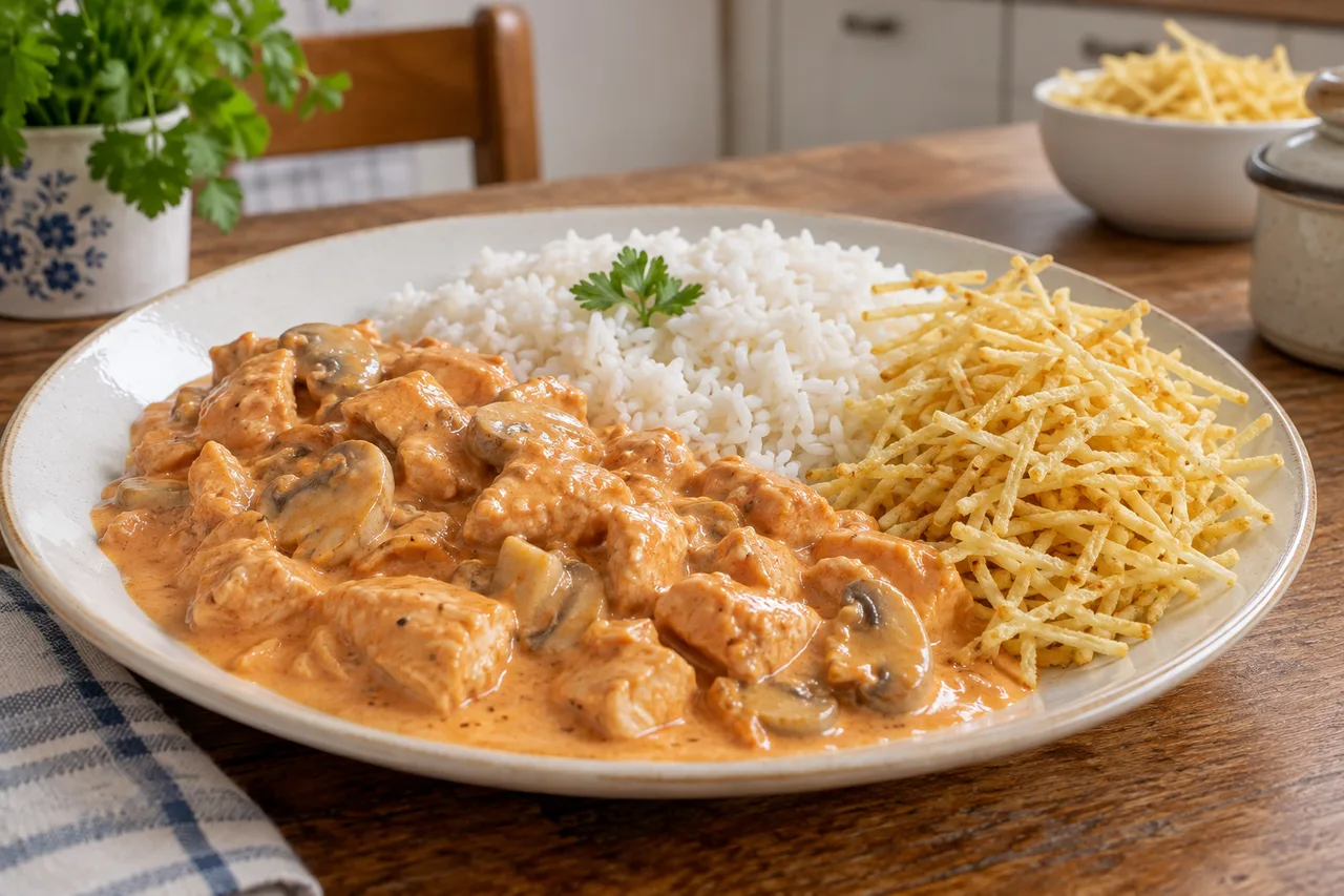 Estrogonofe de frango servido com arroz branco e batata palha