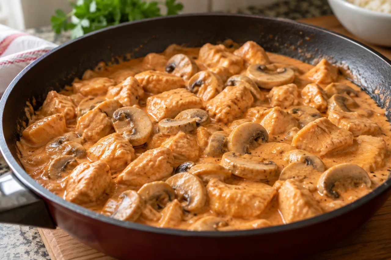 Frango e cogumelos envolvidos em molho cremoso alaranjado