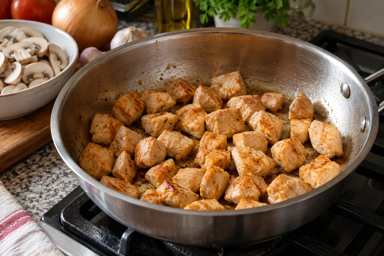 Cubos de frango dourados distribuídos em uma frigideira