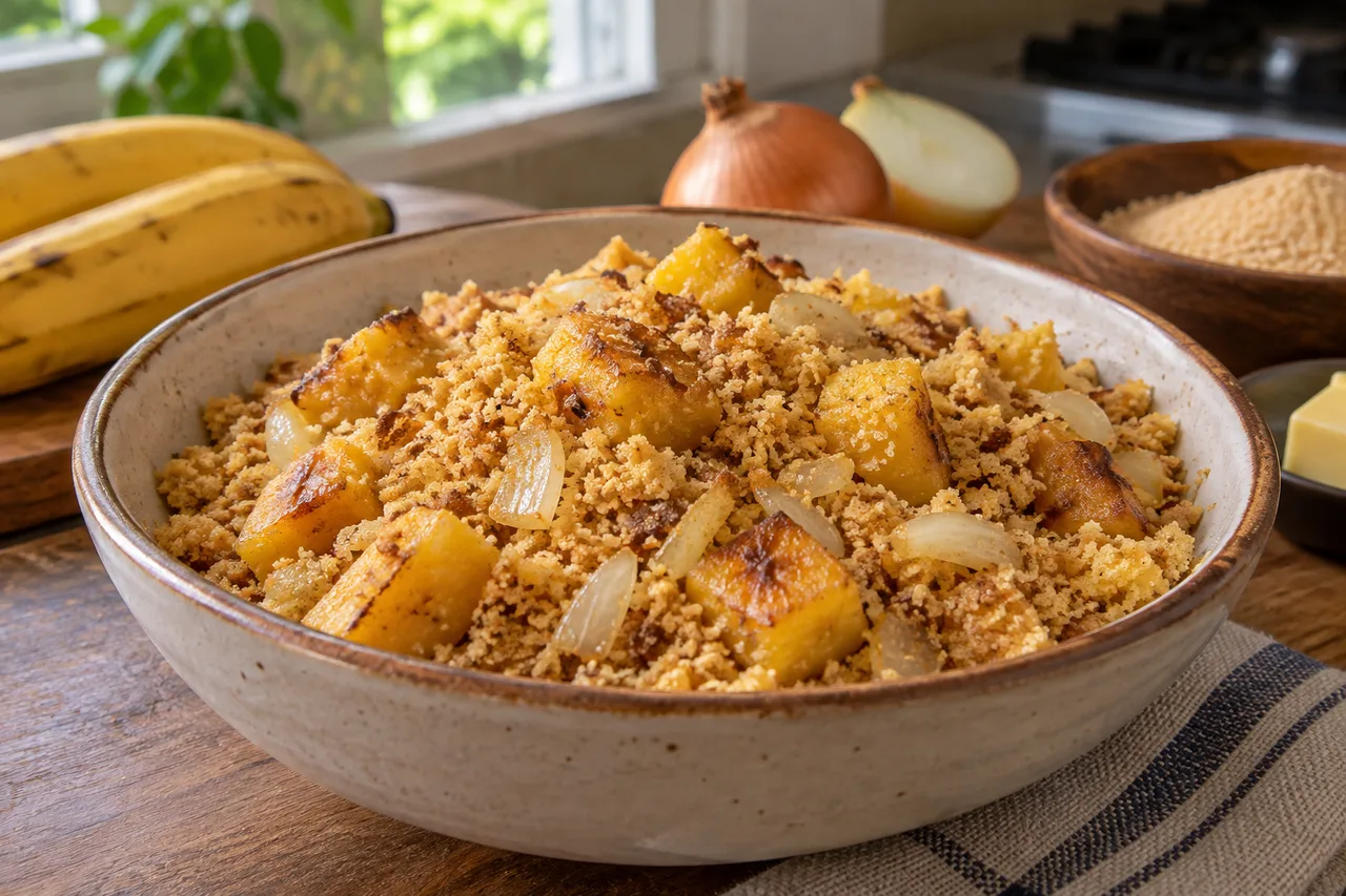 Farofa de mandioca com pedaços dourados de banana