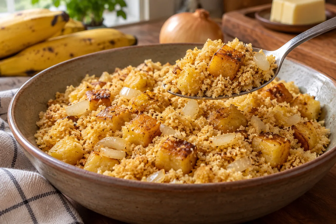 Colher com farinha de mandioca solta e pedaços de banana