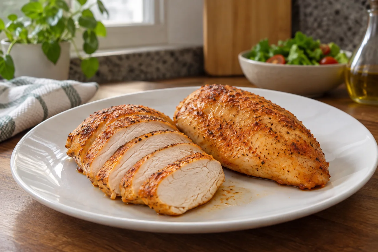 Filés de peito de frango preparados, com uma peça fatiada