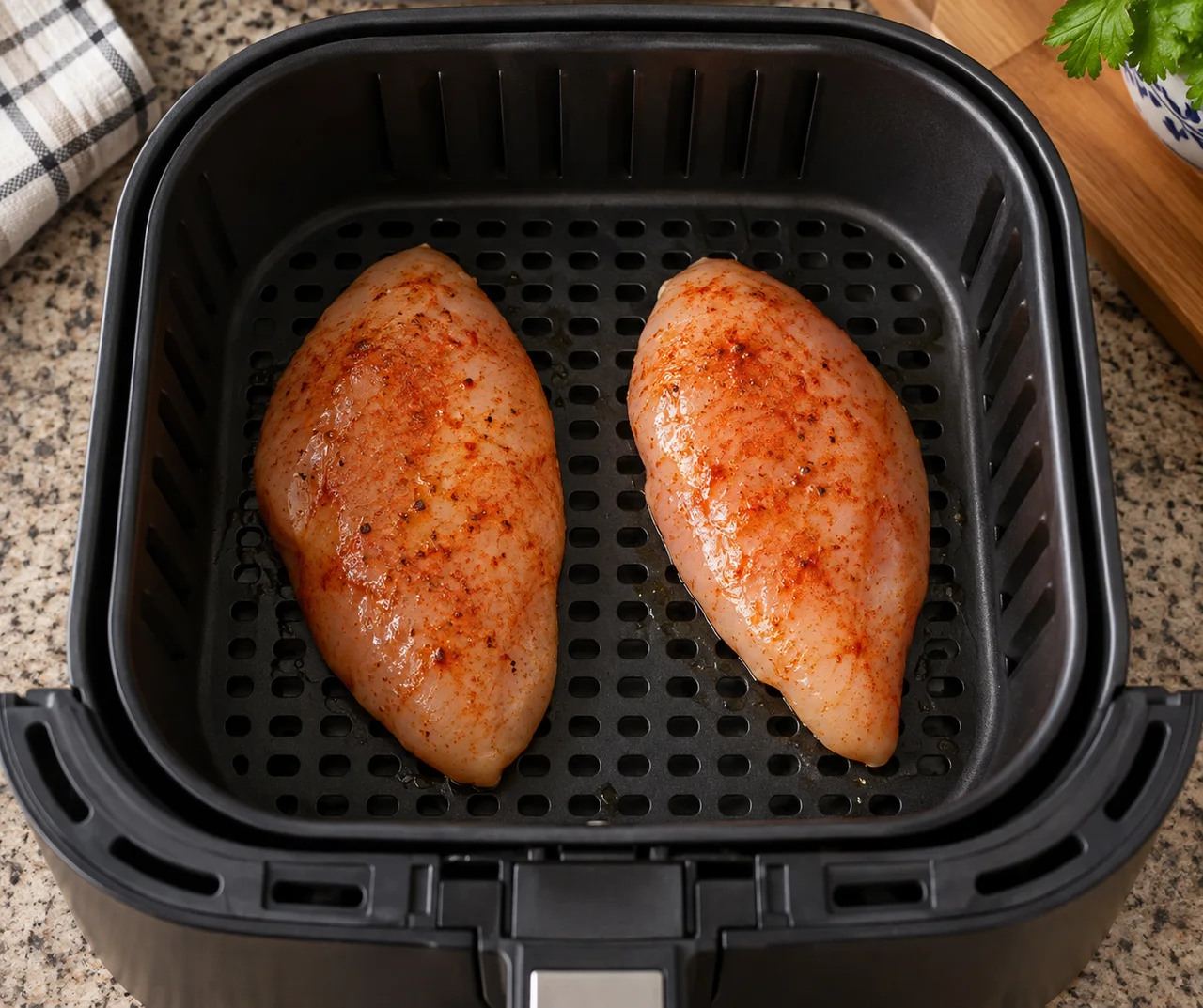 Filés crus temperados, separados no cesto da air fryer