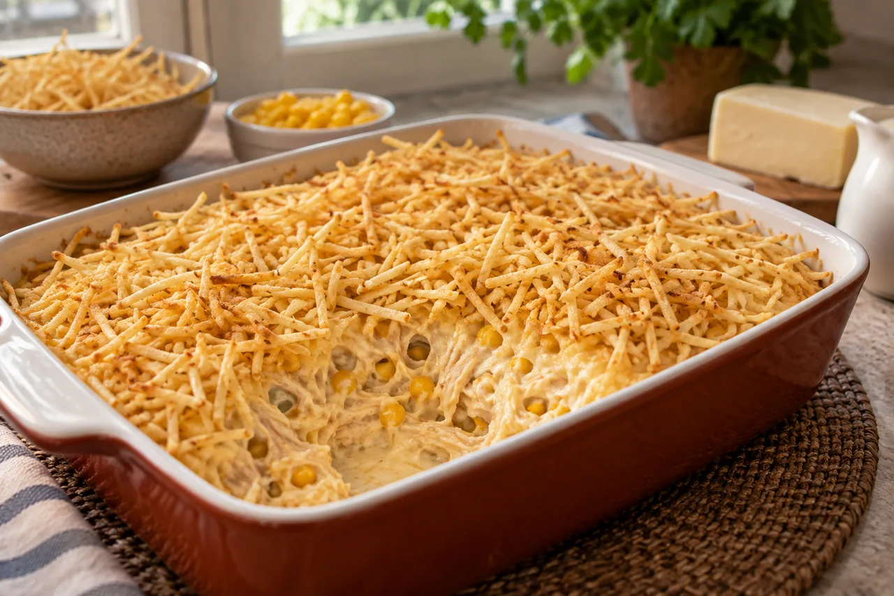 Fricassê de frango gratinado com batata palha