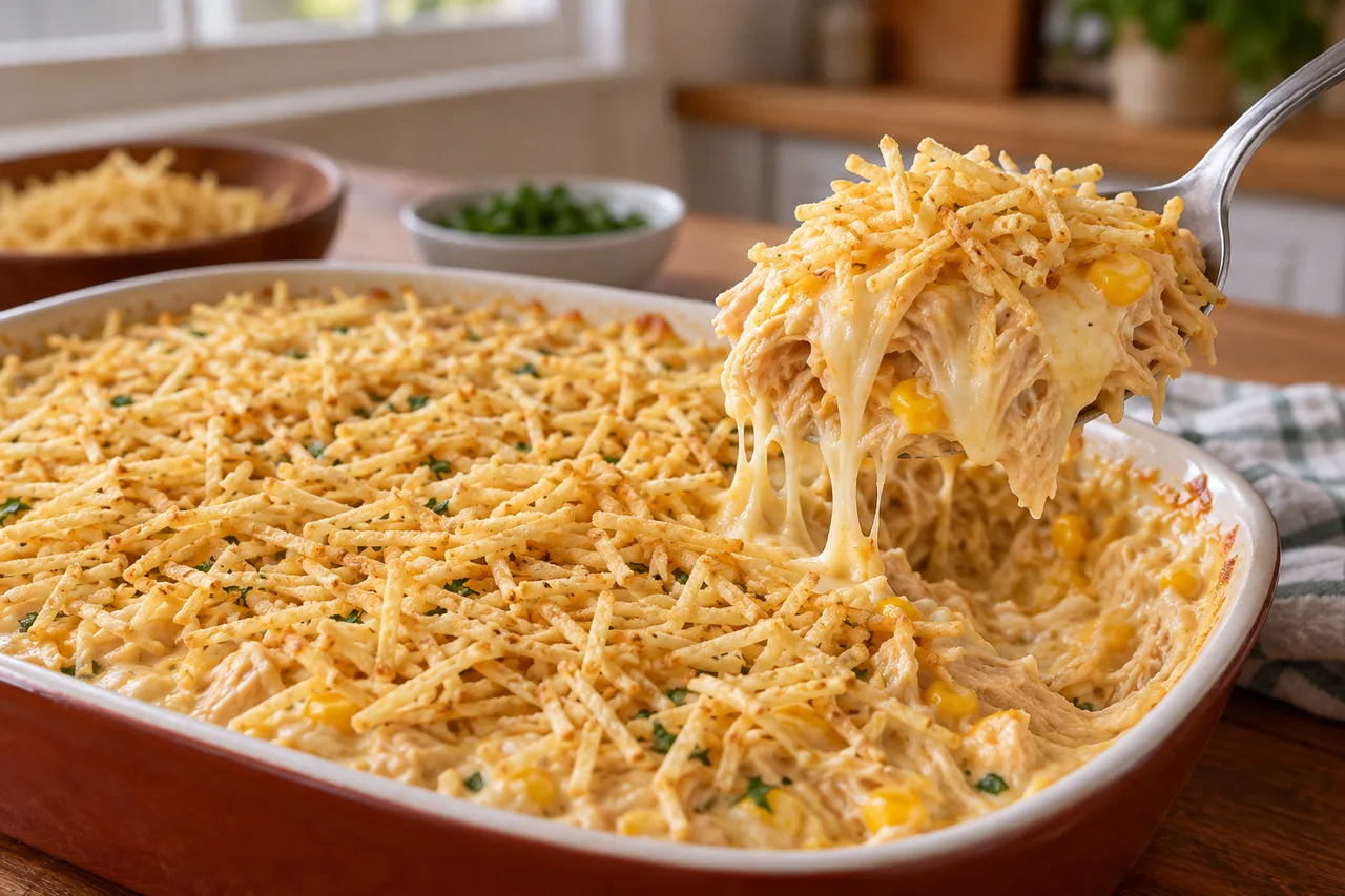 Colherada de fricassê com frango, queijo e batata palha